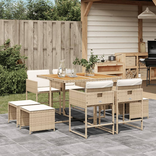 Set da Pranzo da Giardino 9 pz con Cuscini Beige in Polyrattan - homemem39
