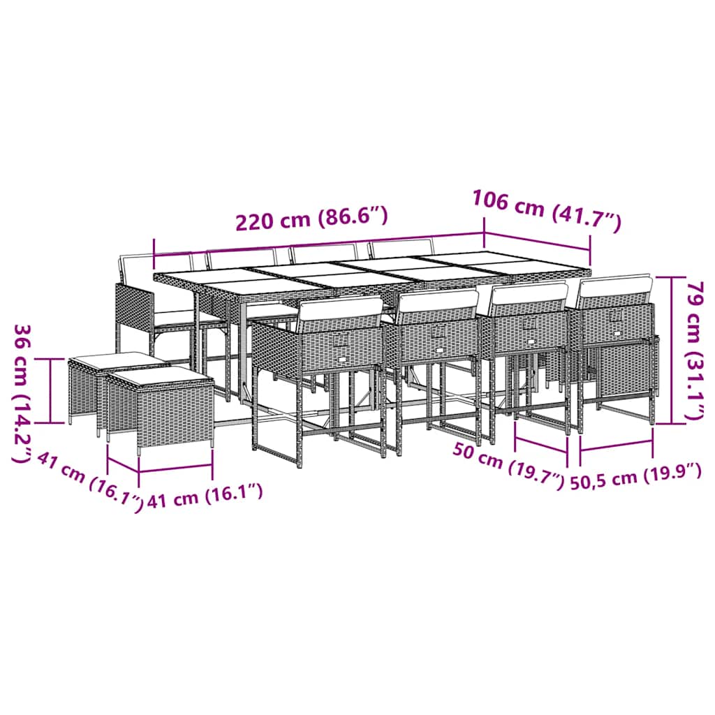 Set da Pranzo da Giardino 13pz con Cuscini Grigio in Polyrattan | homemem39