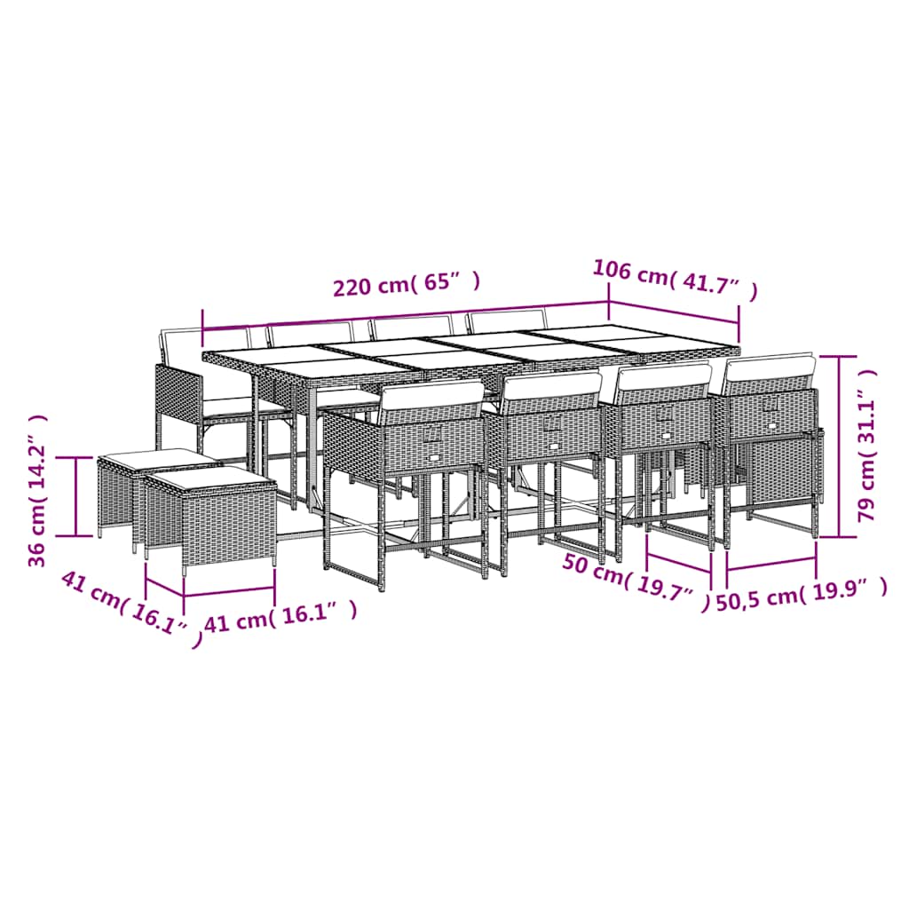 Set da Pranzo da Giardino 13 pz con Cuscini Beige in Polyrattan | homemem39