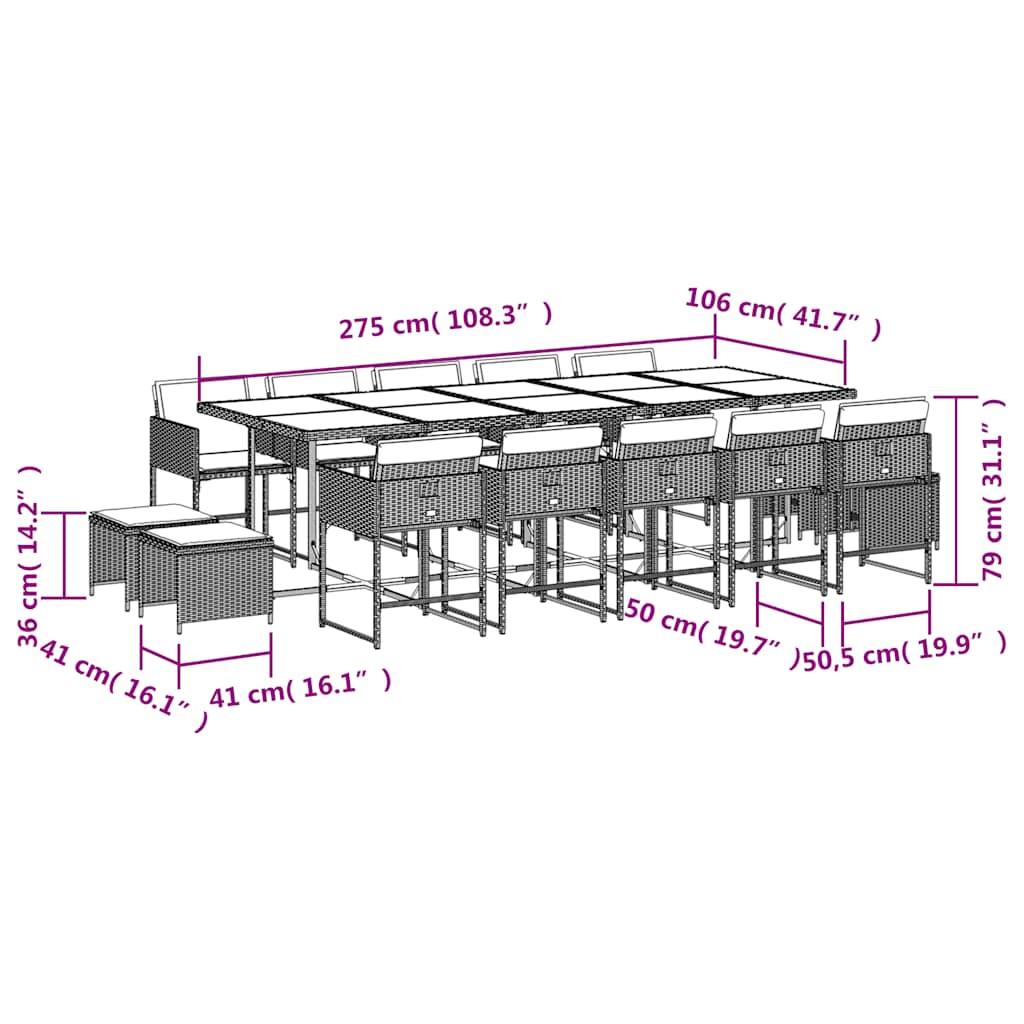 Set da Pranzo da Giardino 15 pz con Cuscini Beige in Polyrattan | homemem39