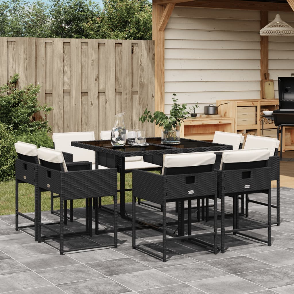 Set da Pranzo da Giardino 9 pz con Cuscini Nero in Polyrattan | homemem39