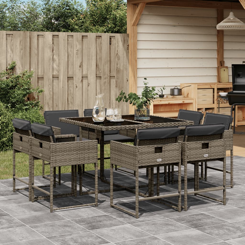 Set da Pranzo da Giardino 9 pz con Cuscini in Polyrattan Grigio - homemem39