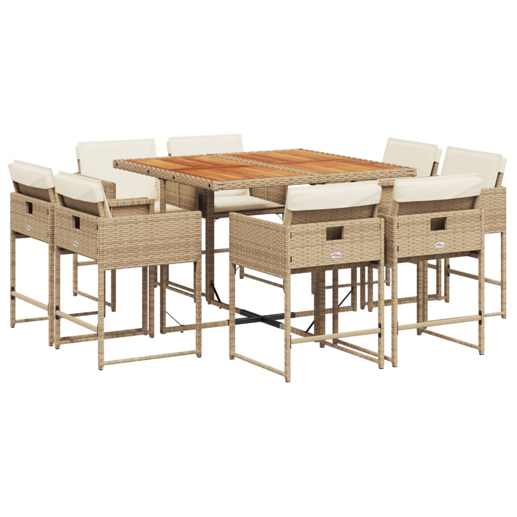 Set da Pranzo da Giardino 9 pz con Cuscini Beige in Polyrattan - homemem39
