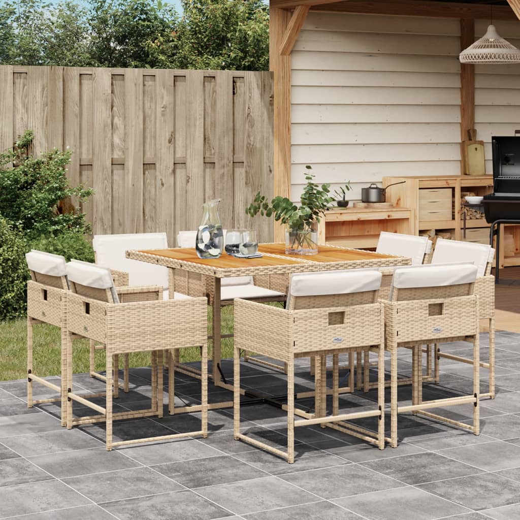 Set da Pranzo da Giardino 9 pz con Cuscini Beige in Polyrattan - homemem39