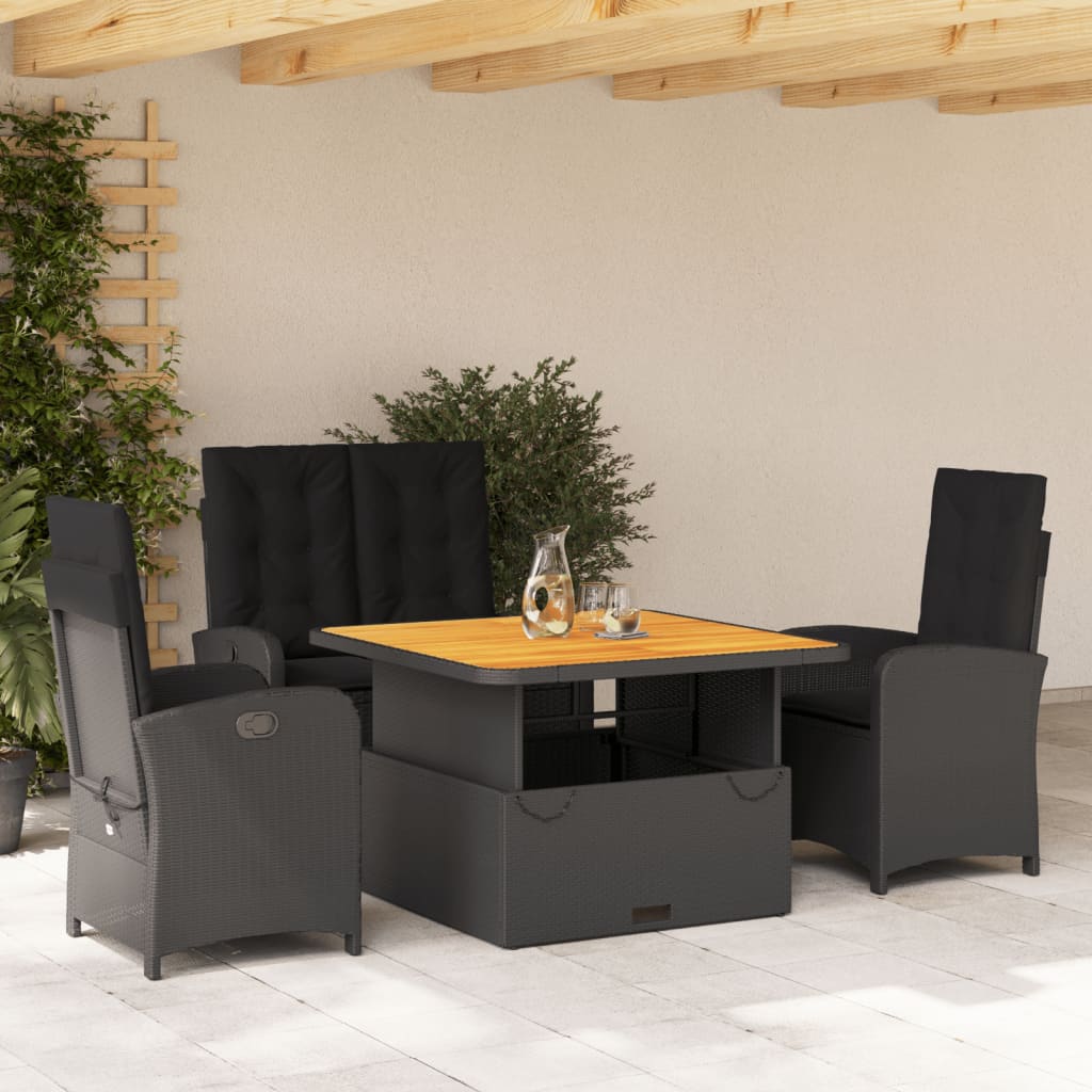 Set da Pranzo da Giardino 4 pz con Cuscini Nero in Polyrattan - homemem39