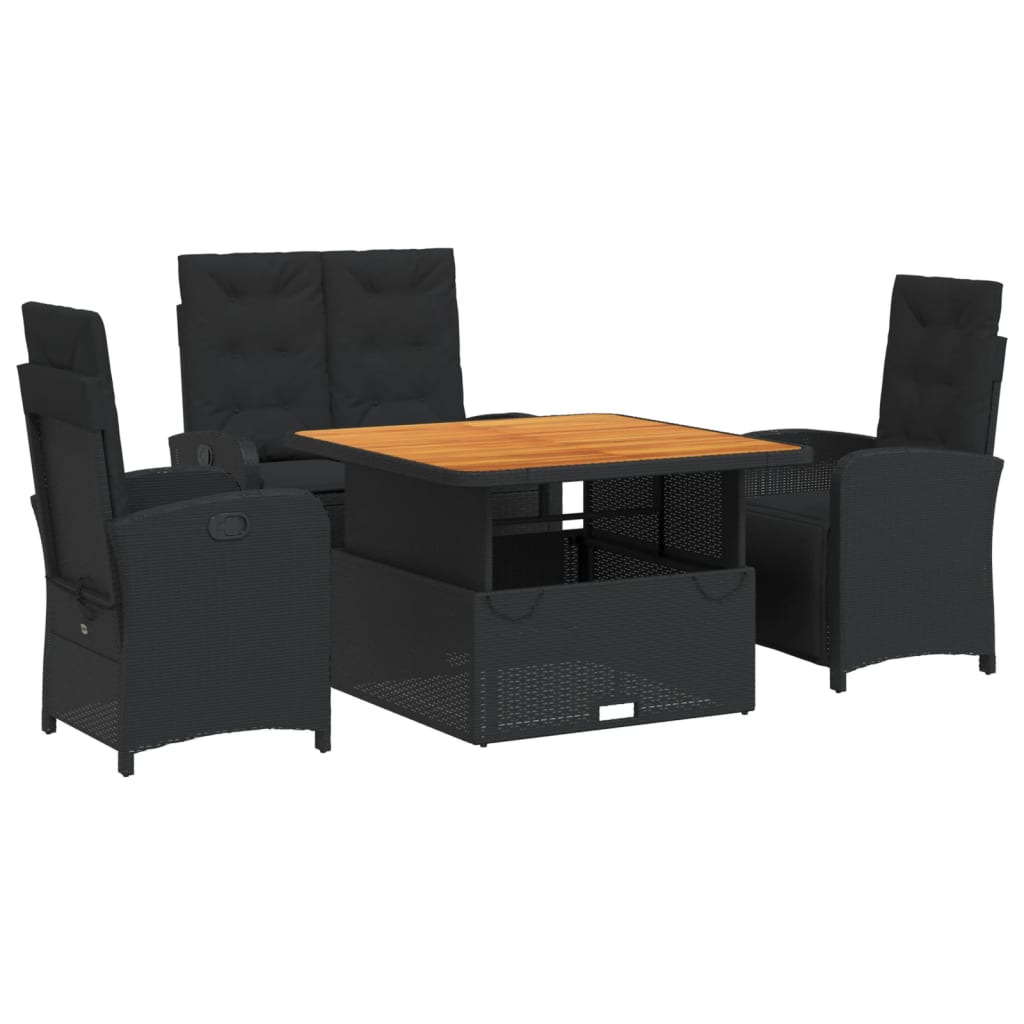 Set da Pranzo da Giardino 4 pz con Cuscini Nero in Polyrattan