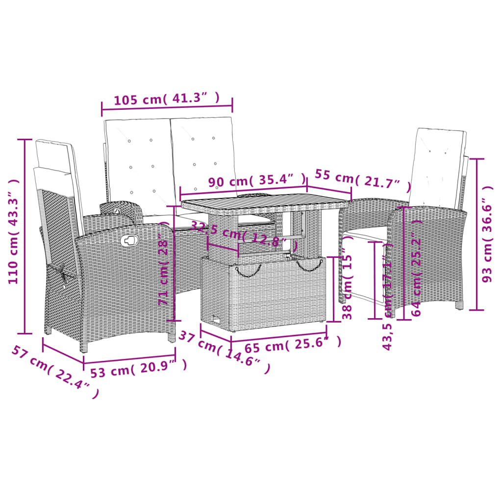 Set da Pranzo da Giardino 4 pz con Cuscini Nero in Polyrattan - homemem39