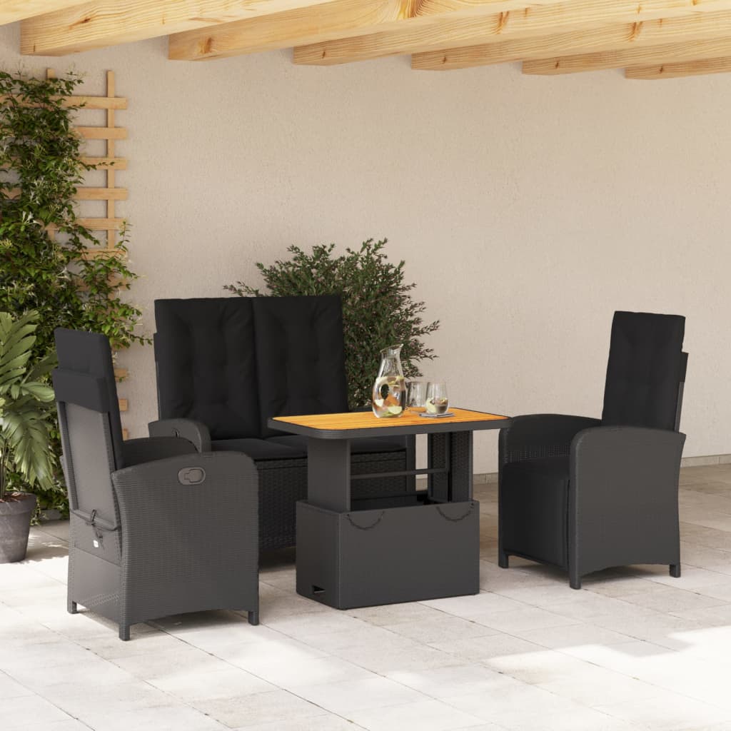 Set da Pranzo da Giardino 4 pz con Cuscini Nero in Polyrattan | homemem39