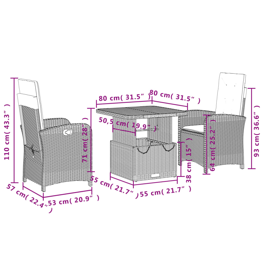 Set da Pranzo da Giardino 3 pz con Cuscini in Polyrattan Grigio | homemem39