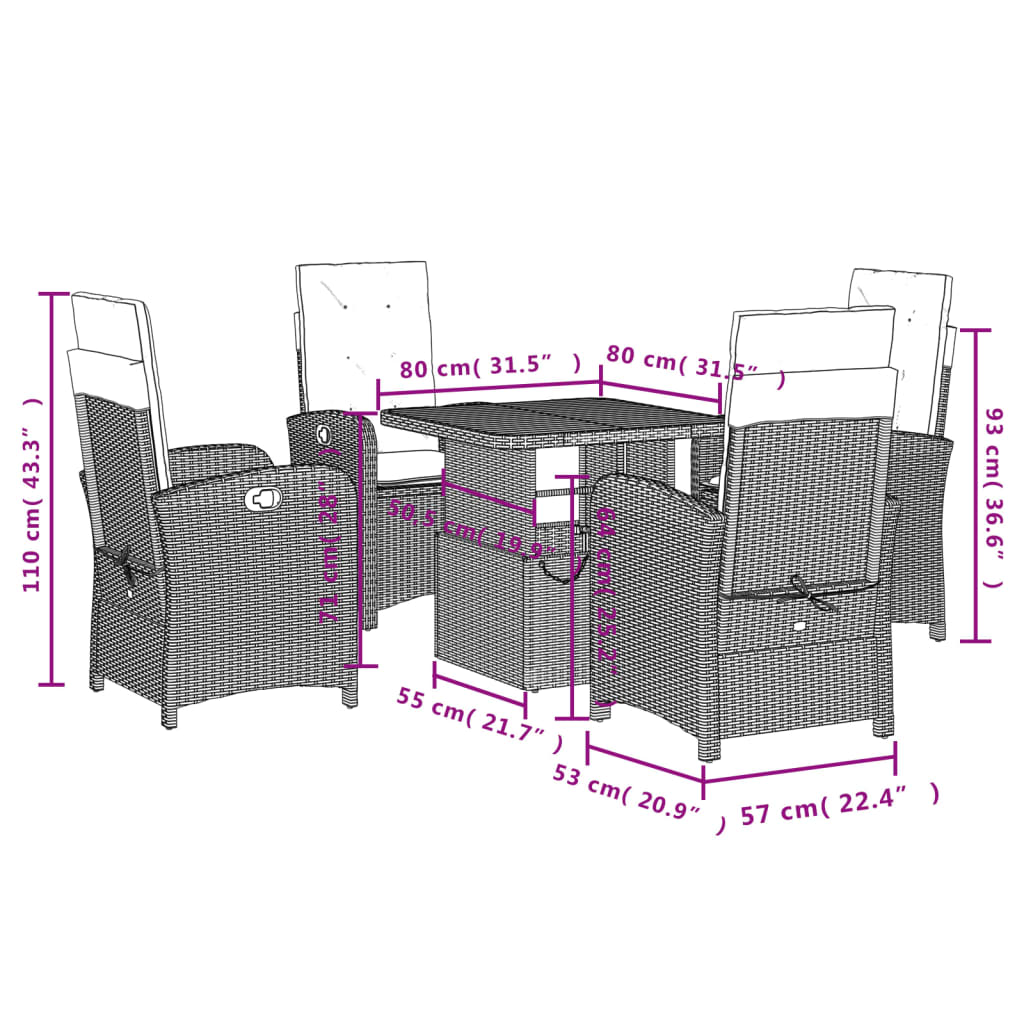 Set da Pranzo da Giardino 5 pz con Cuscini in Polyrattan Grigio | homemem39