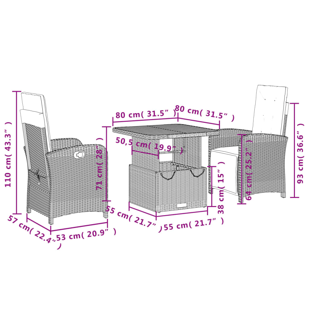 Set da Pranzo da Giardino 3 pz con Cuscini in Polyrattan Grigio | homemem39