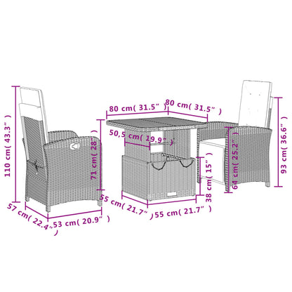 Set da Pranzo da Giardino 3 pz con Cuscini in Polyrattan Grigio | homemem39
