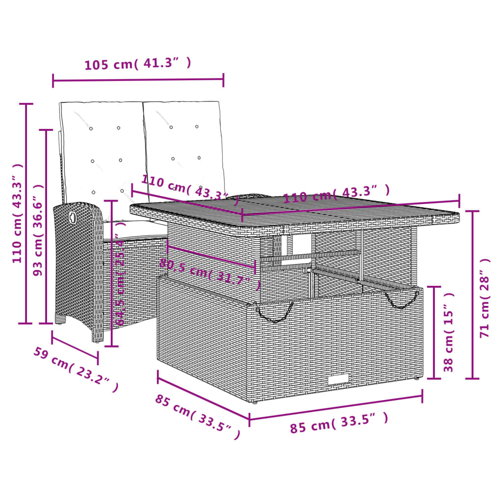Set da Pranzo da Giardino 2 pz con Cuscini in Polyrattan Grigio | homemem39