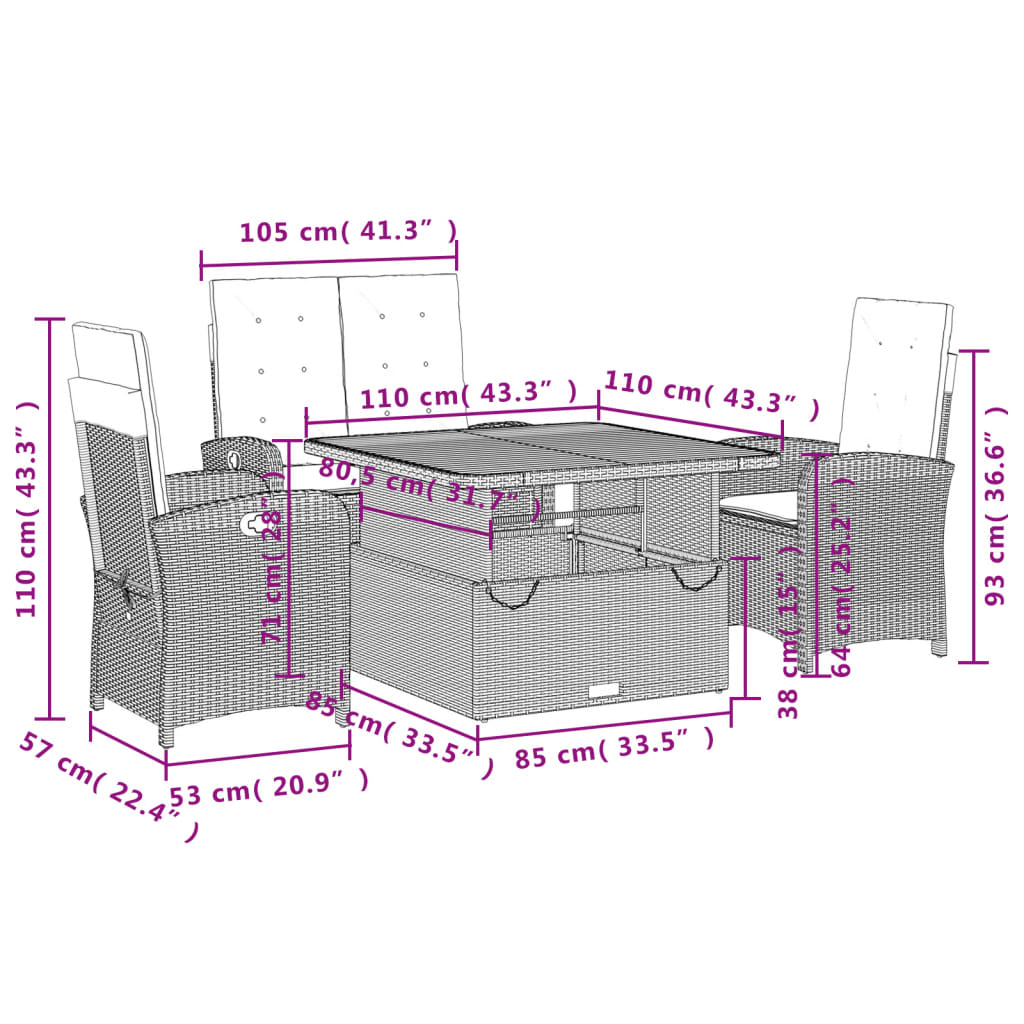 Set da Pranzo da Giardino 4 pz con Cuscini in Polyrattan Grigio - homemem39