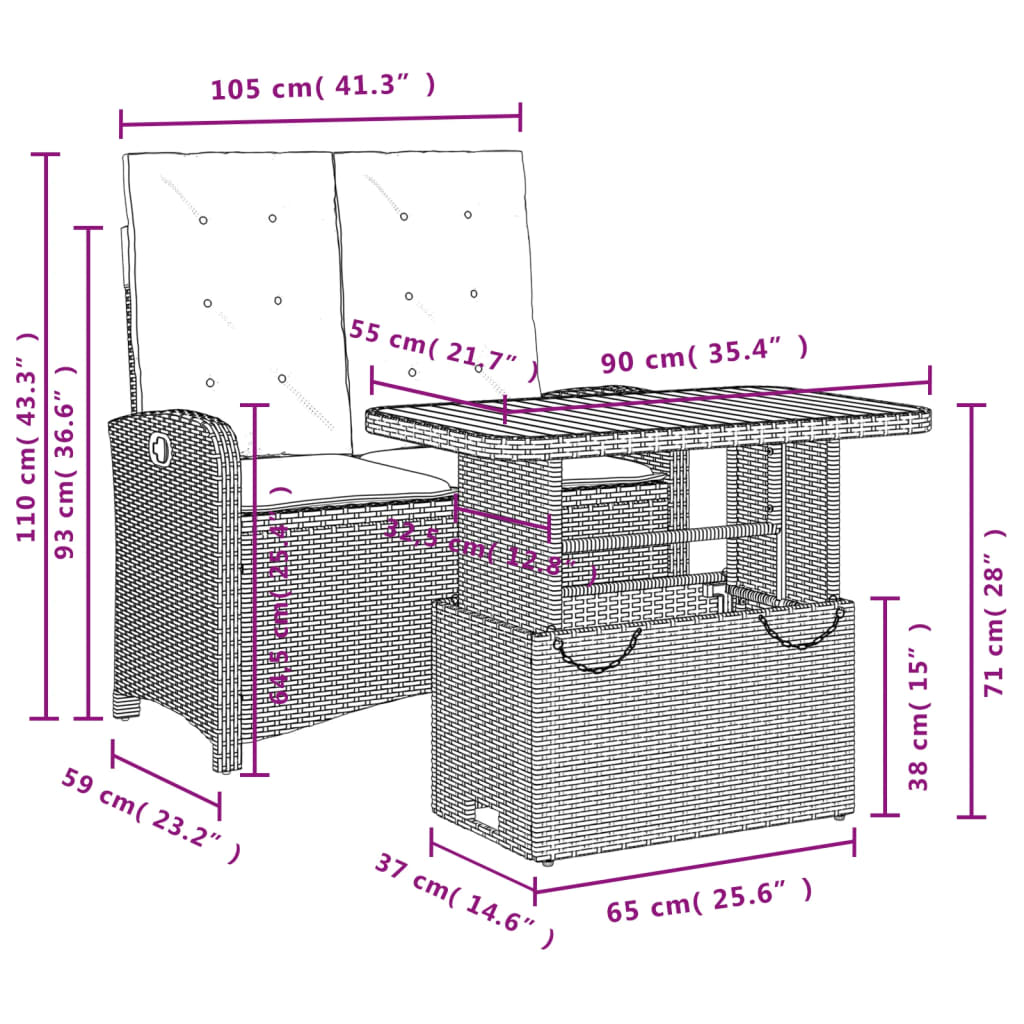 Set da Pranzo da Giardino 2 pz con Cuscini in Polyrattan Grigio | homemem39