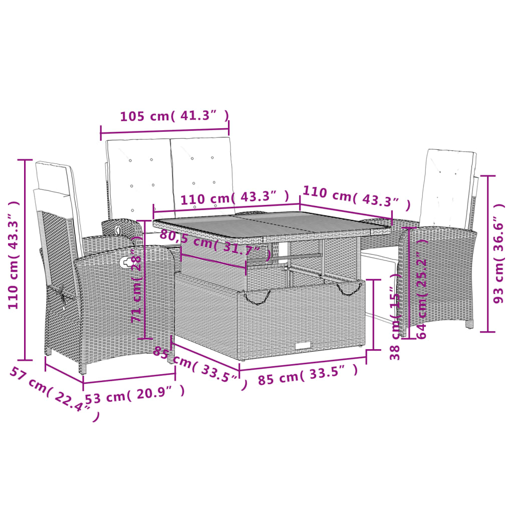 Set da Pranzo da Giardino 4 pz con Cuscini Beige in Polyrattan - homemem39