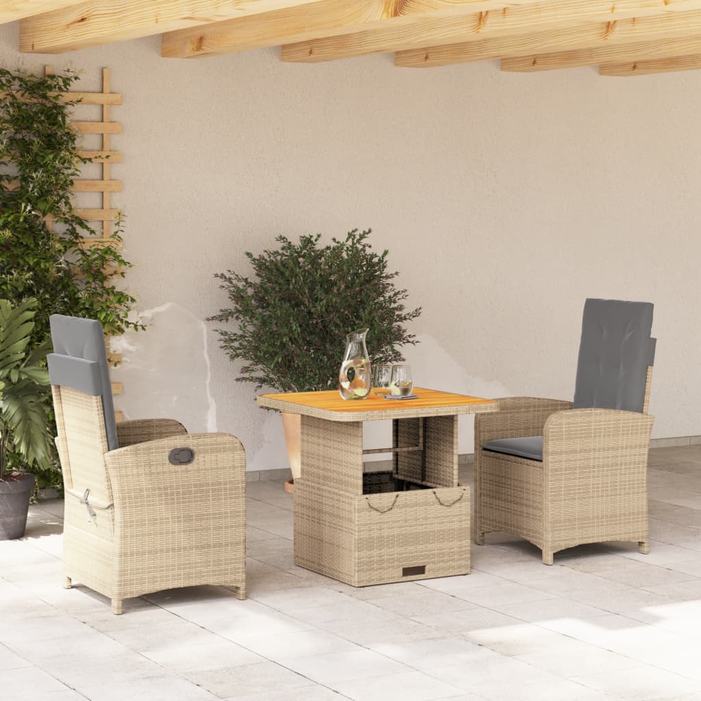 Set da Pranzo da Giardino 3 pz con Cuscini Beige in Polyrattan - homemem39