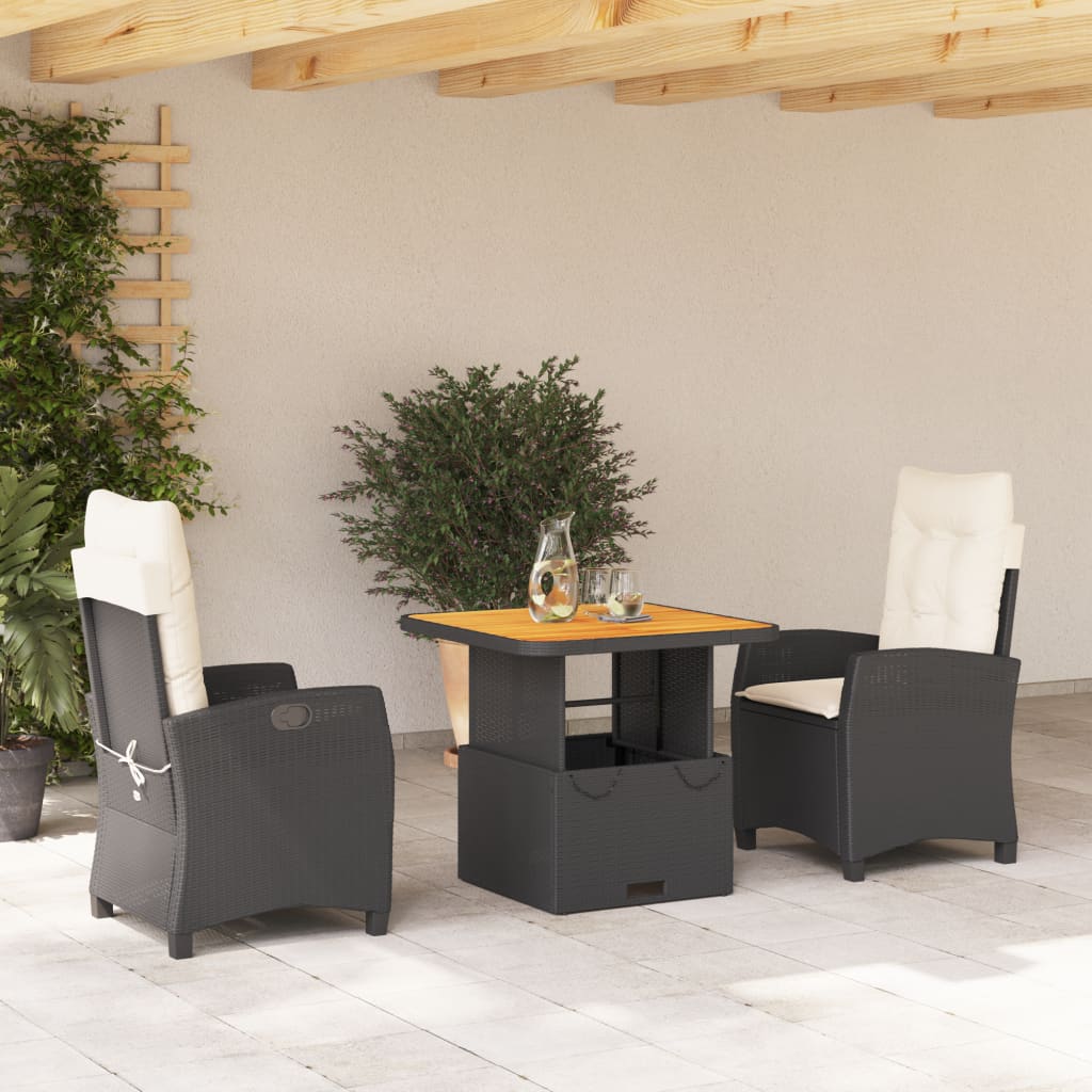 Set da Pranzo da Giardino 3 pz con Cuscini Nero in Polyrattan | homemem39