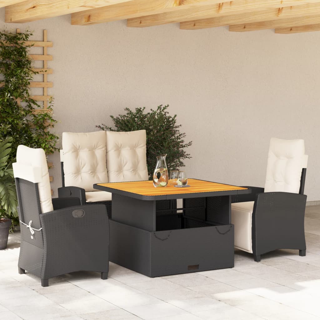 Set da Pranzo da Giardino 4 pz con Cuscini Nero in Polyrattan - homemem39