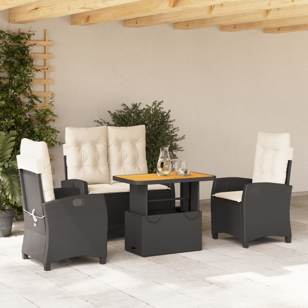 Set da Pranzo da Giardino 4 pz con Cuscini Nero in Polyrattan | homemem39