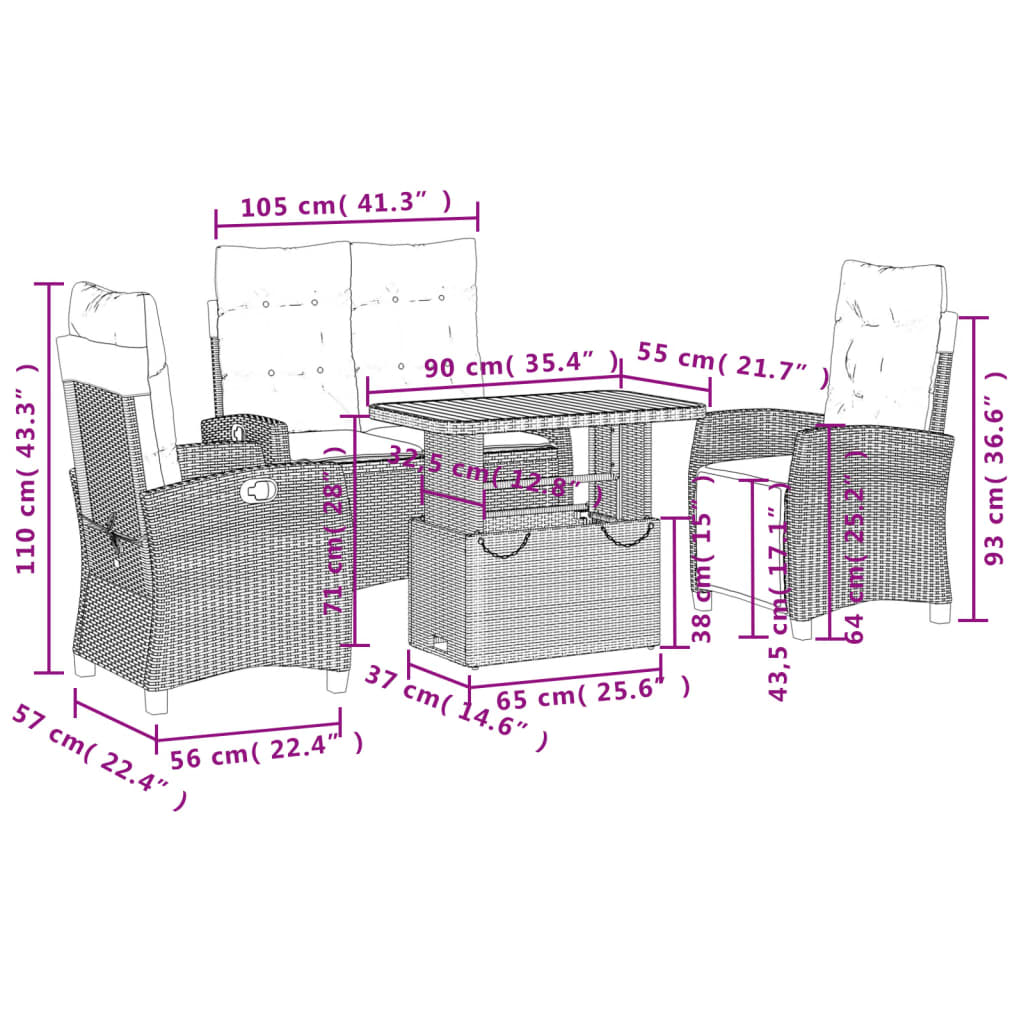 Set da Pranzo da Giardino 4 pz con Cuscini Nero in Polyrattan - homemem39