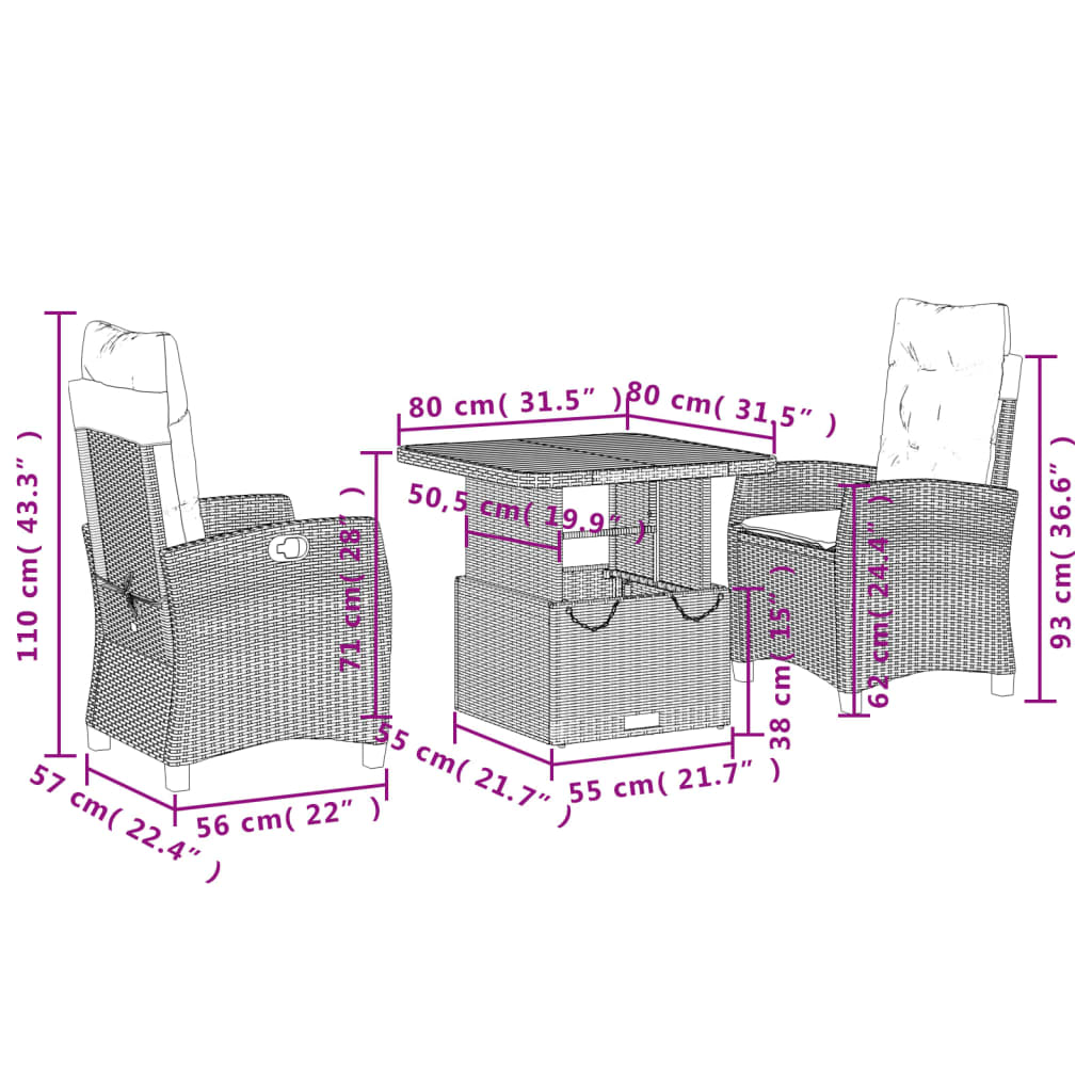 Set da Pranzo da Giardino 3 pz con Cuscini Nero in Polyrattan | homemem39