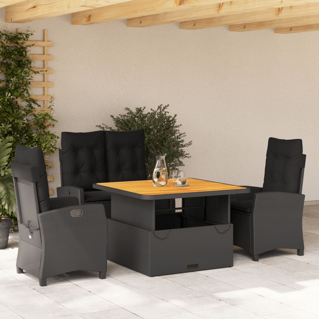 Set da Pranzo da Giardino 4 pz con Cuscini Nero in Polyrattan - homemem39