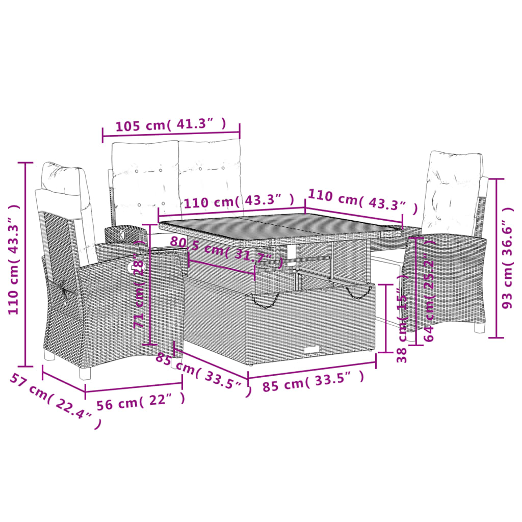 Set da Pranzo da Giardino 4 pz con Cuscini Nero in Polyrattan | homemem39