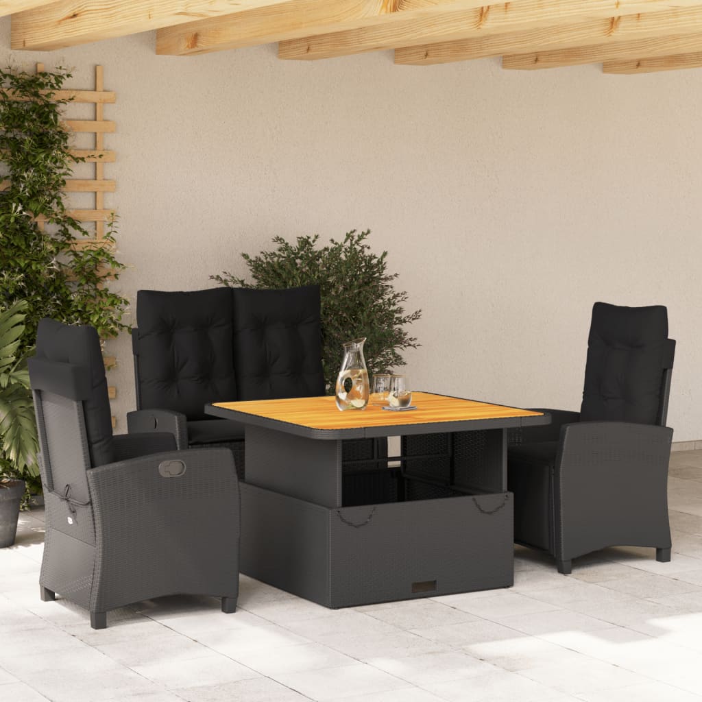 Set da Pranzo da Giardino 4 pz con Cuscini Nero in Polyrattan - homemem39
