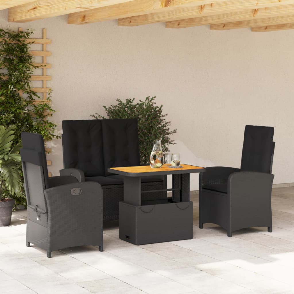 Set da Pranzo da Giardino 4 pz con Cuscini Nero in Polyrattan - homemem39