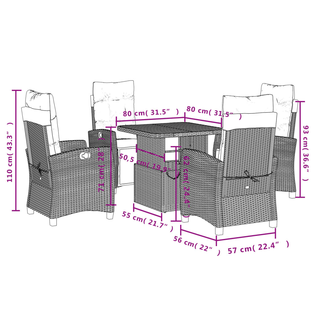 Set da Pranzo da Giardino 5 pz con Cuscini in Polyrattan Grigio | homemem39