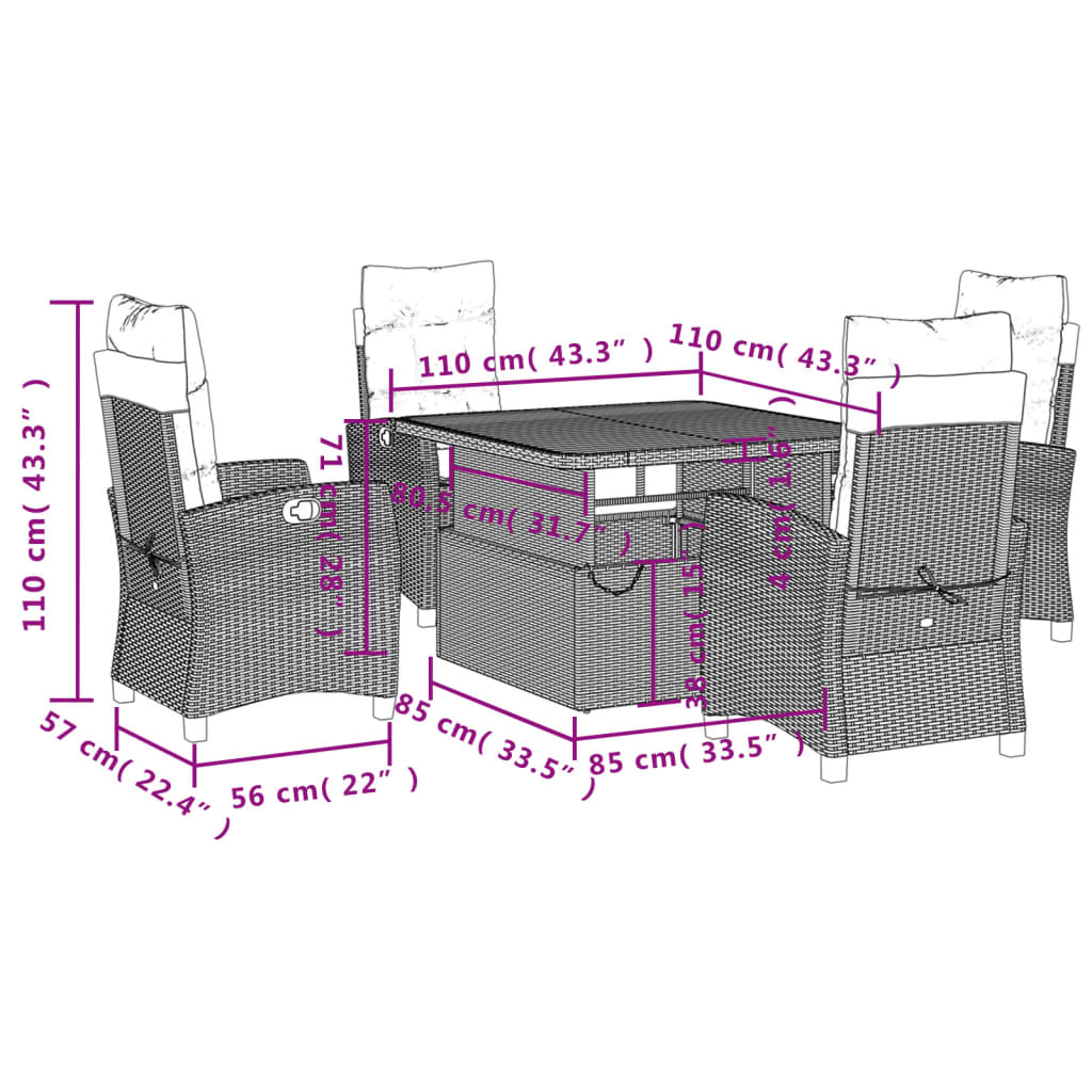 Set da Pranzo da Giardino 5 pz con Cuscini in Polyrattan Grigio | homemem39