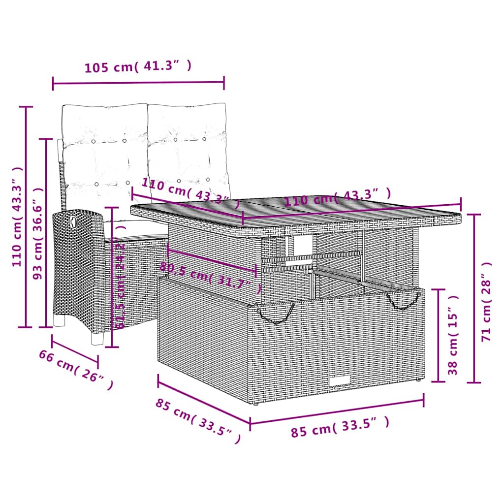 Set da Pranzo da Giardino 2 pz con Cuscini in Polyrattan Grigio | homemem39