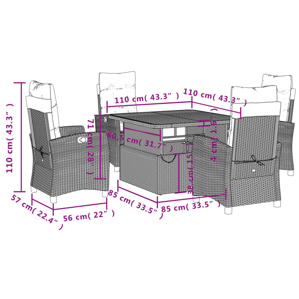 Set da Pranzo da Giardino 5 pz con Cuscini Beige in Polyrattan | homemem39