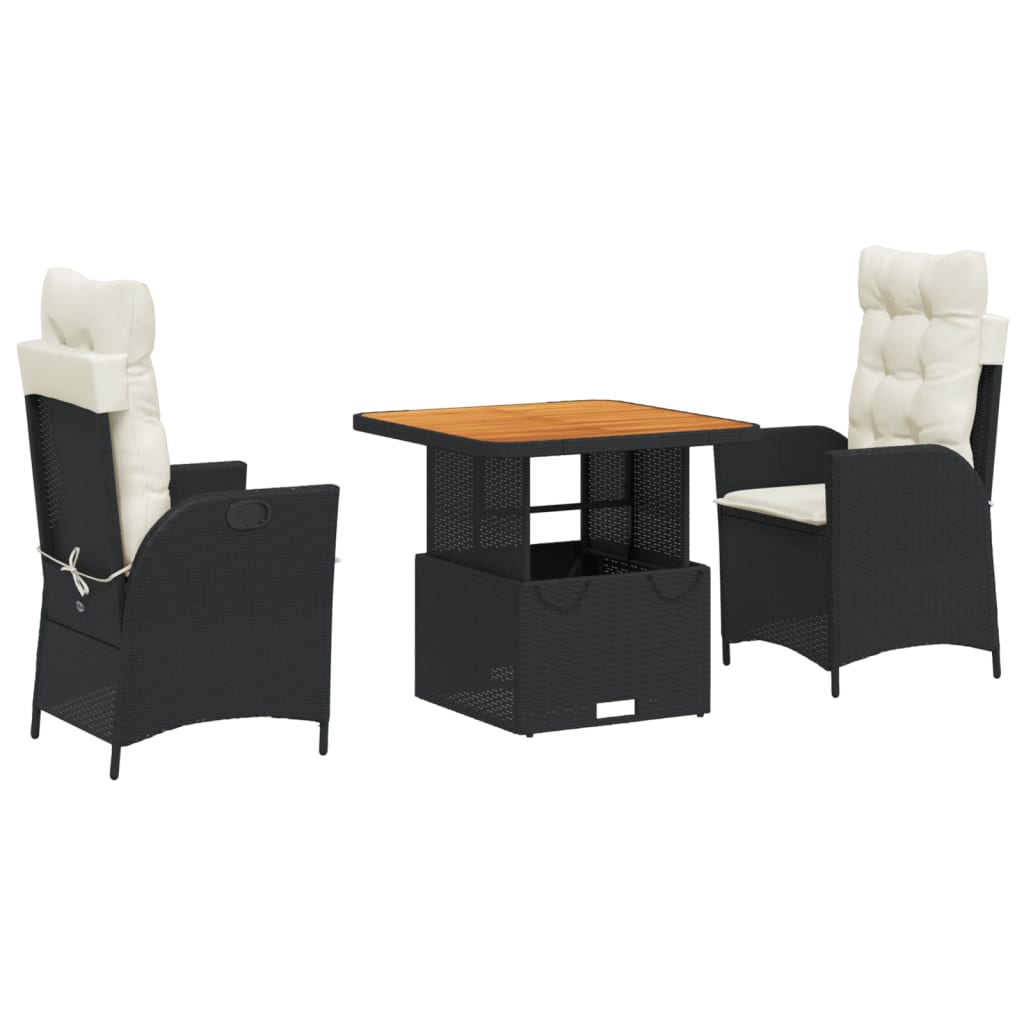 Set da Pranzo da Giardino 3 pz con Cuscini Nero in Polyrattan | homemem39