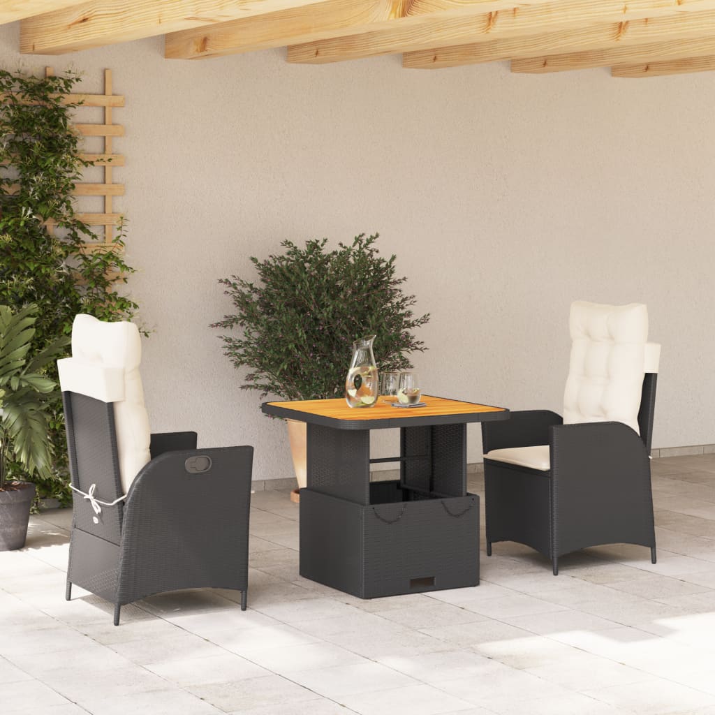 Set da Pranzo da Giardino 3 pz con Cuscini Nero in Polyrattan - homemem39