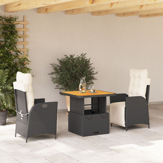 Set da Pranzo da Giardino 3 pz con Cuscini Nero in Polyrattan - homemem39