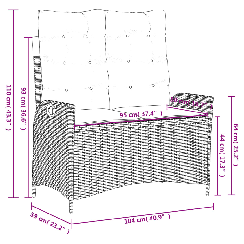 Set da Pranzo da Giardino 2 pz con Cuscini Nero in Polyrattan | homemem39