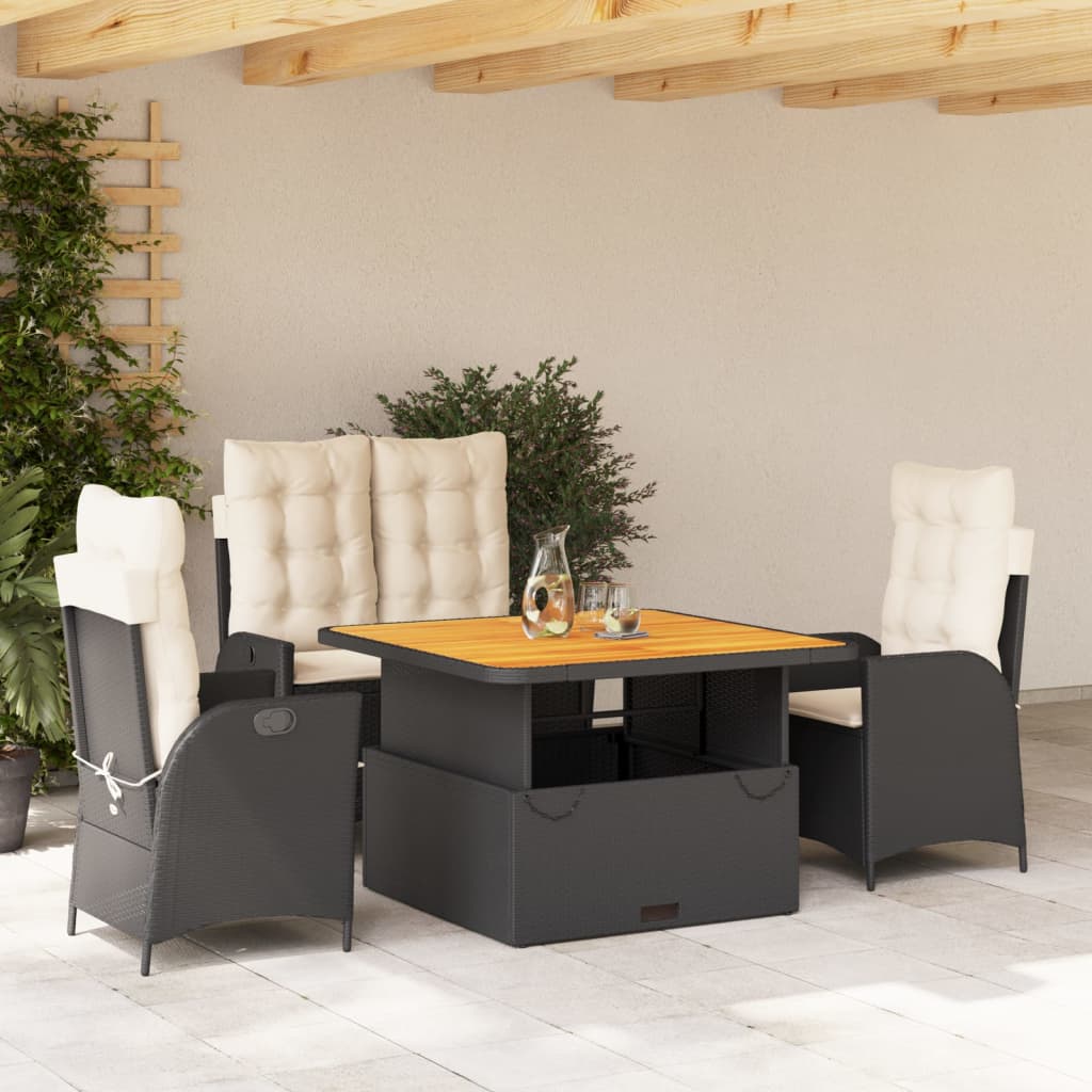 Set da Pranzo da Giardino 4 pz con Cuscini Nero in Polyrattan - homemem39