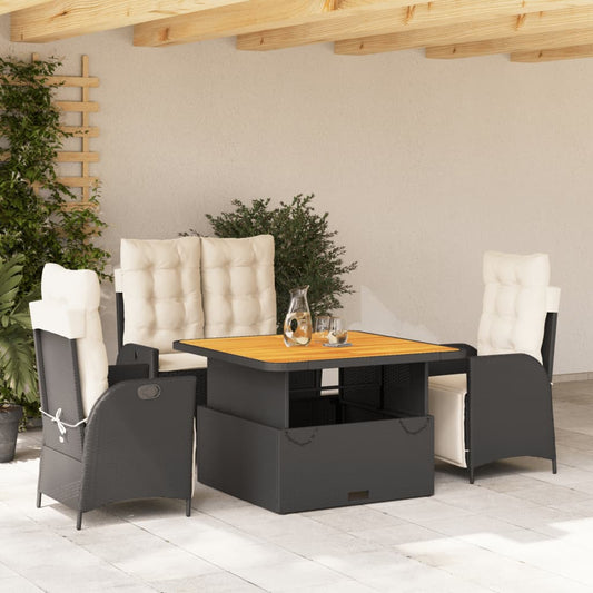 Set da Pranzo da Giardino 4 pz con Cuscini Nero in Polyrattan | homemem39