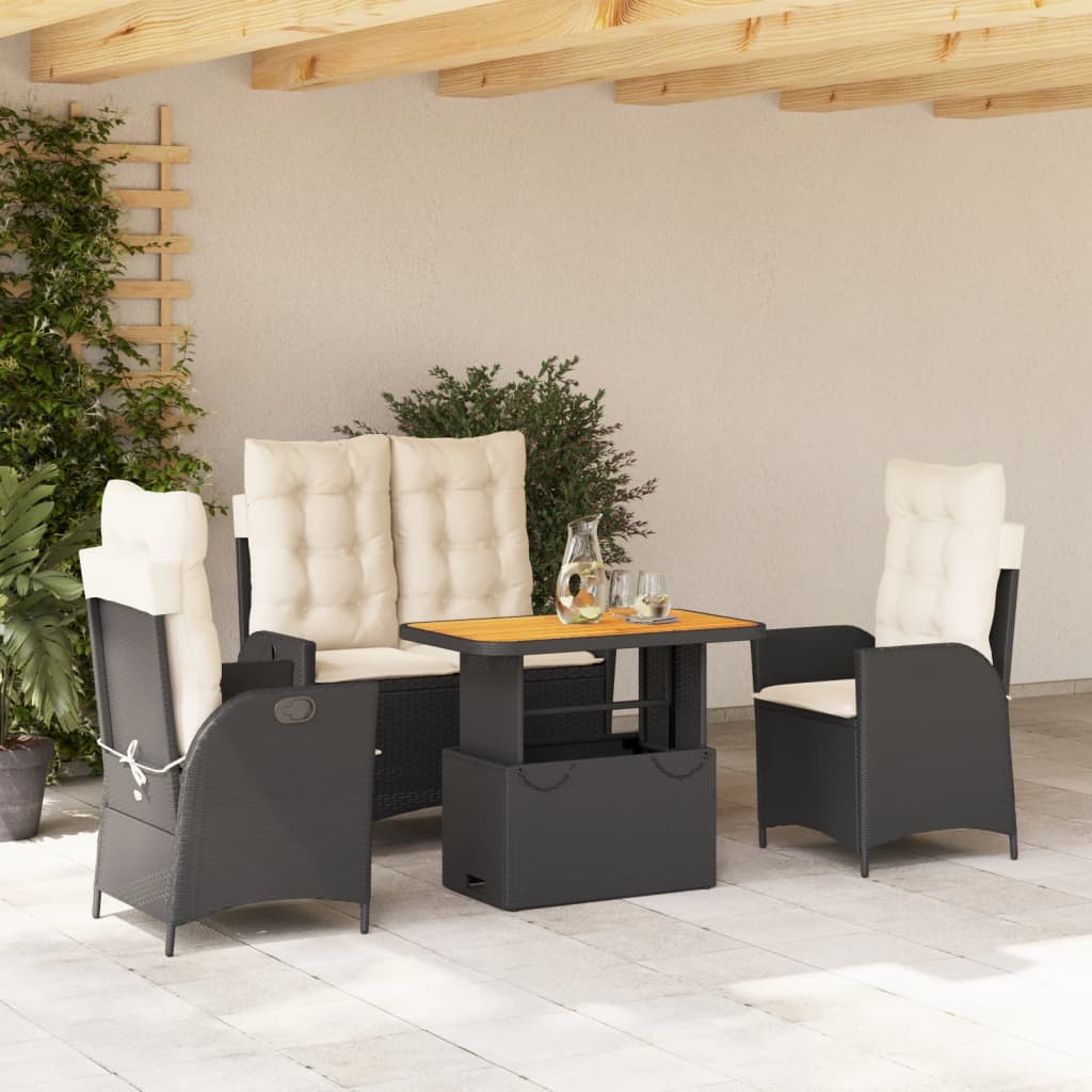 Set da Pranzo da Giardino 4 pz con Cuscini Nero in Polyrattan | homemem39