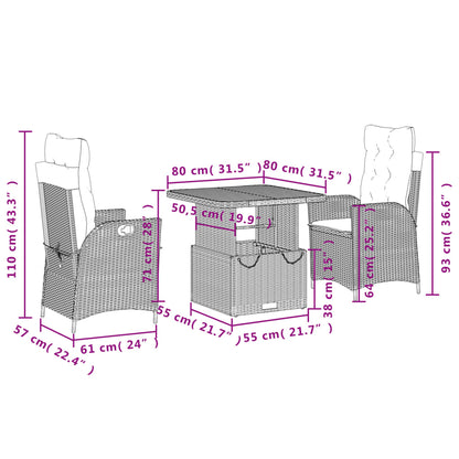 Set da Pranzo da Giardino 3 pz con Cuscini Nero in Polyrattan | homemem39