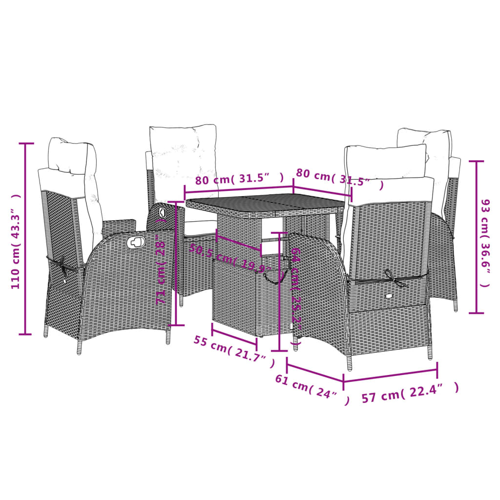 Set da Pranzo da Giardino 5 pz Nero con Cuscini in Polyrattan | homemem39