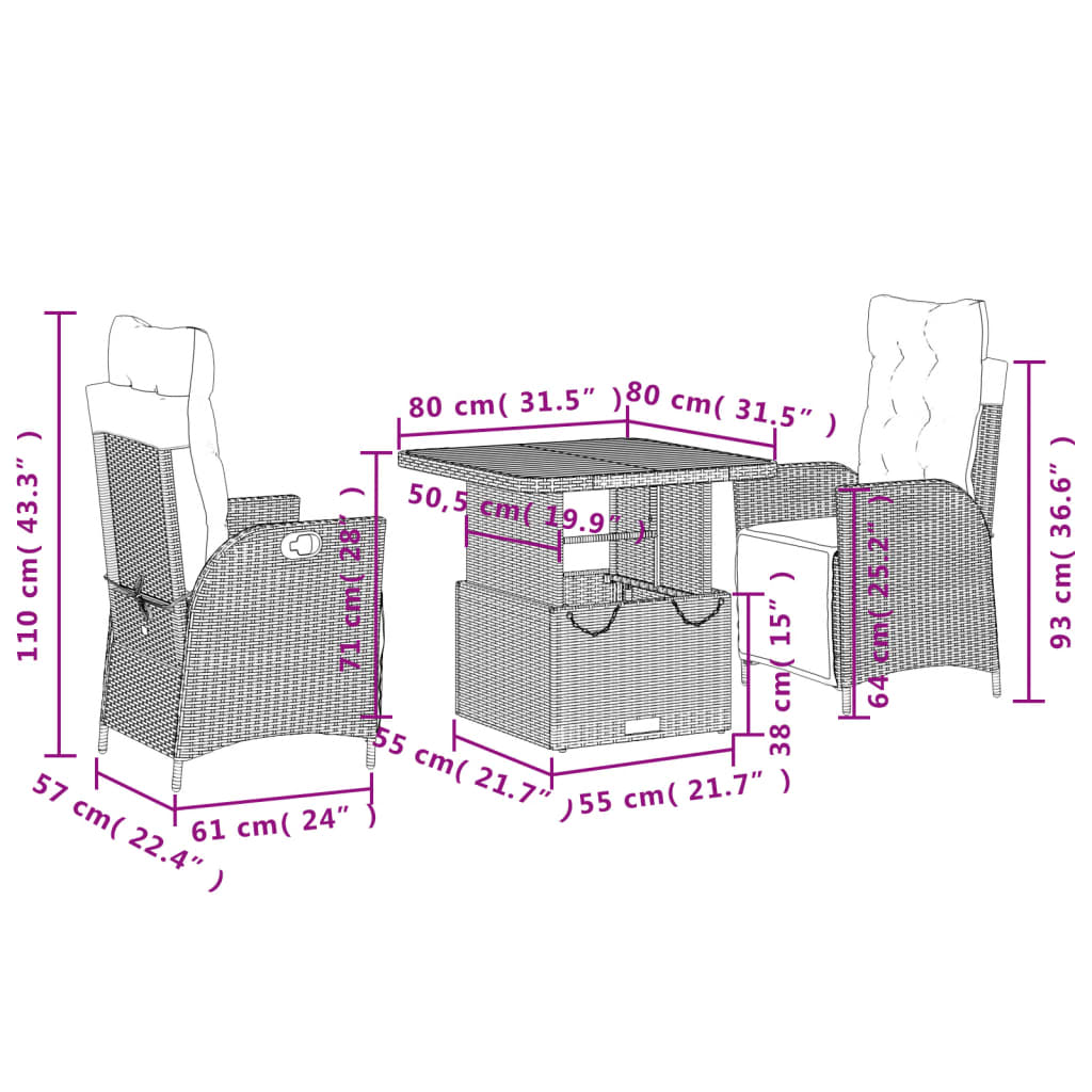 Set da Pranzo da Giardino 3 pz con Cuscini Nero in Polyrattan | homemem39