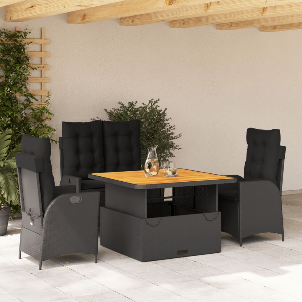 Set da Pranzo da Giardino 4 pz con Cuscini Nero in Polyrattan | homemem39