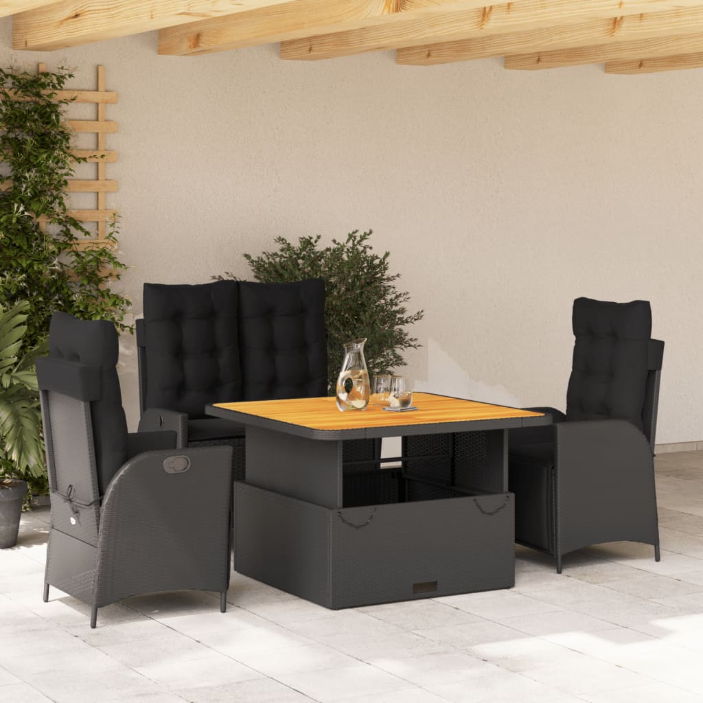 Set da Pranzo da Giardino 4 pz con Cuscini Nero in Polyrattan - homemem39