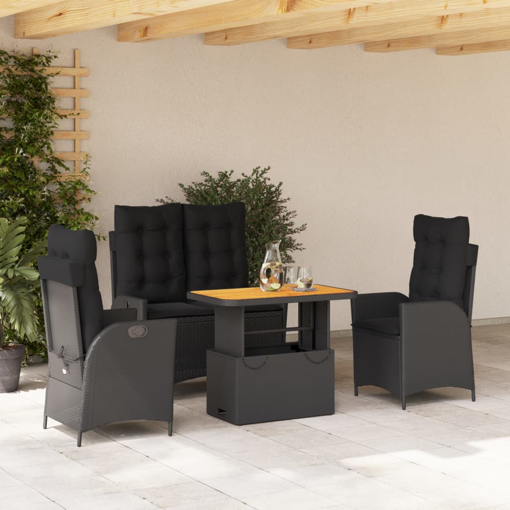 Set da Pranzo da Giardino 4 pz con Cuscini Nero in Polyrattan | homemem39