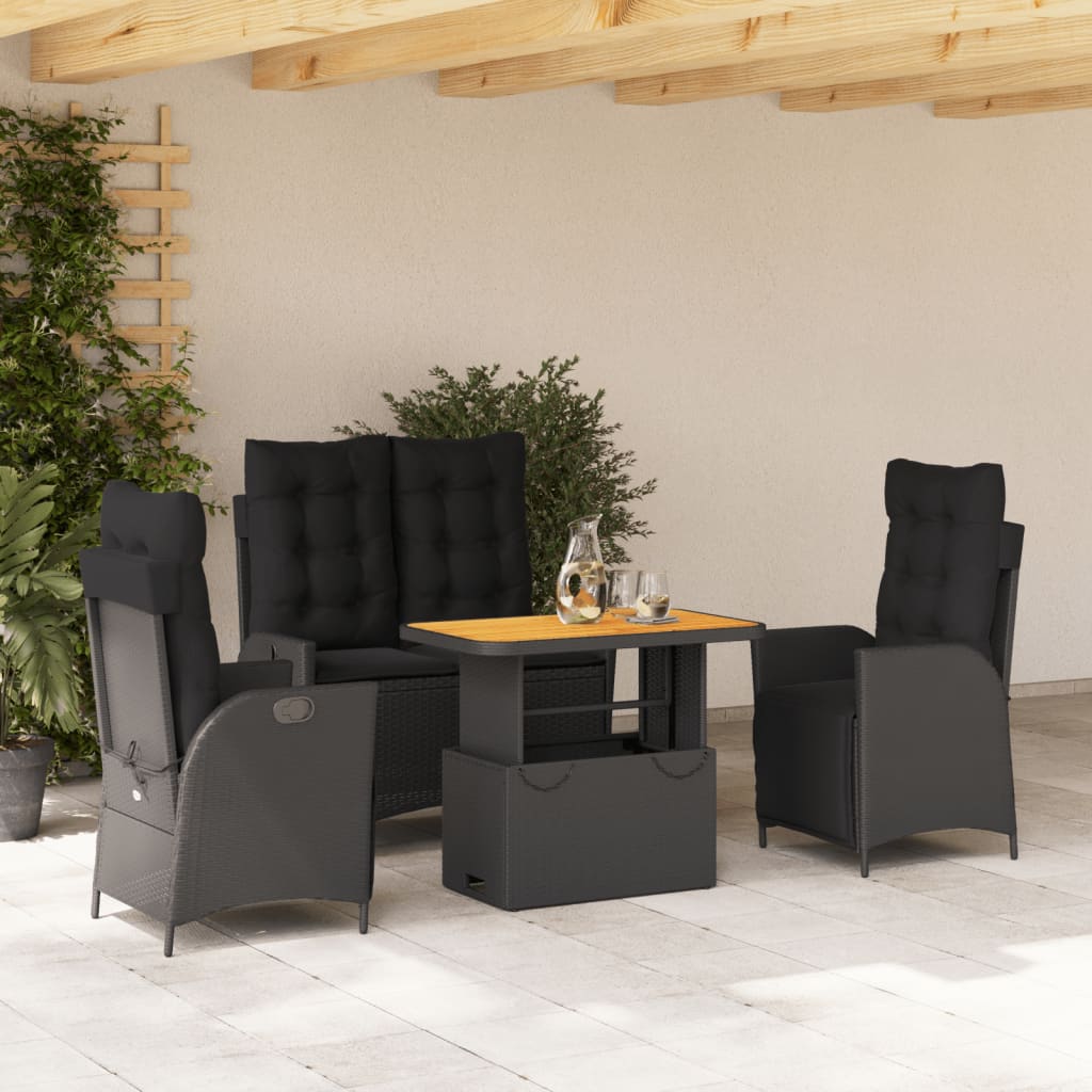 Set da Pranzo da Giardino 4 pz con Cuscini Nero in Polyrattan | homemem39