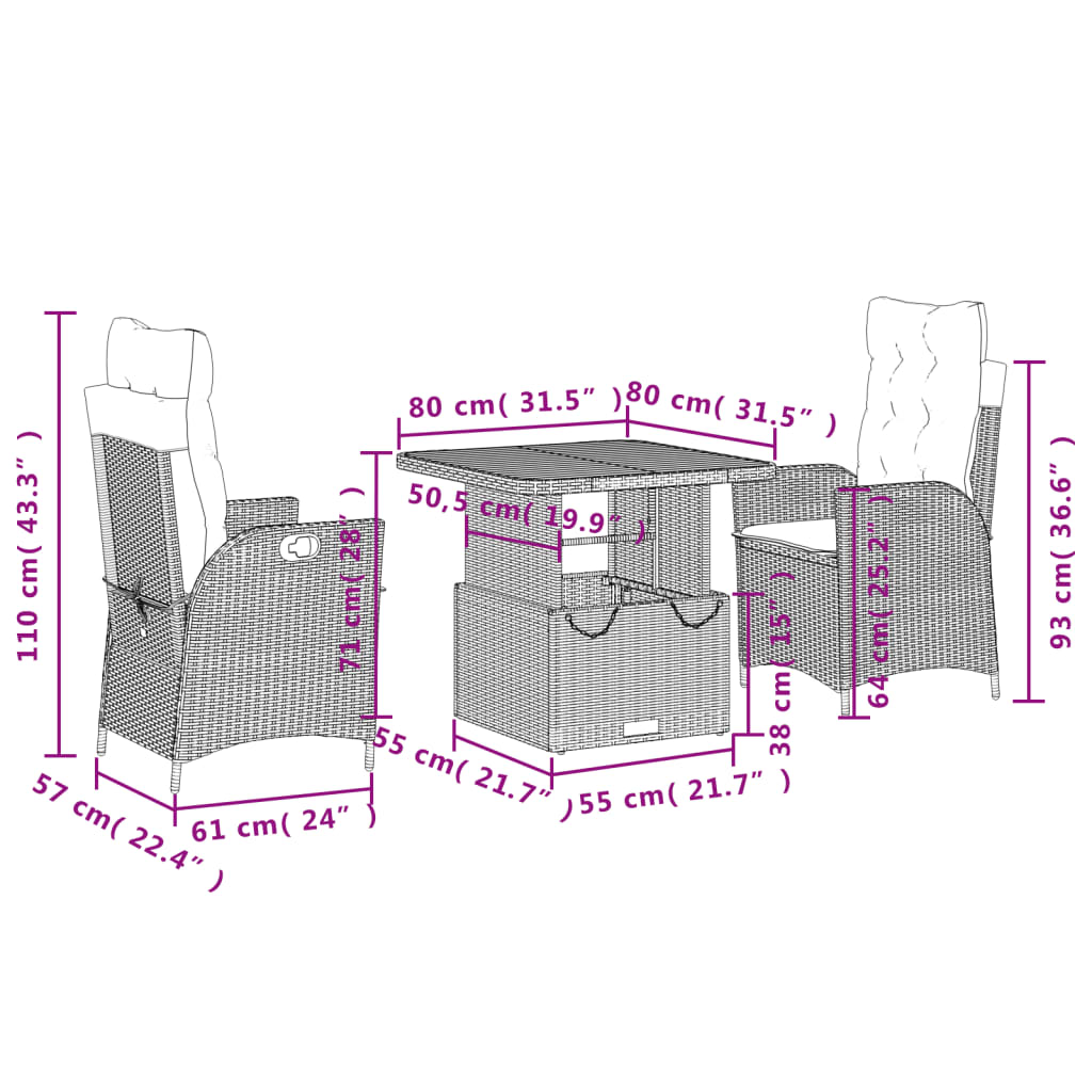 Set da Pranzo da Giardino 3 pz con Cuscini in Polyrattan Grigio | homemem39