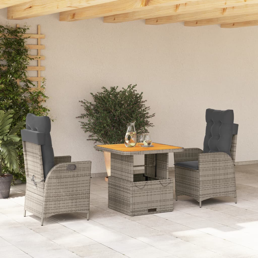 Set da Pranzo da Giardino 3 pz con Cuscini in Polyrattan Grigio | homemem39